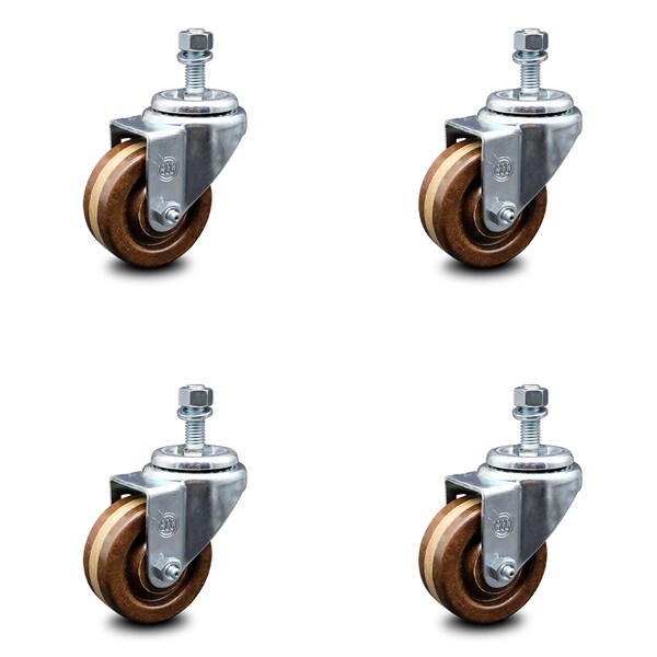 3 Inch High Temp Phenolic Wheel Swivel 1/2 Inch Threaded Stem Caster Set SCC